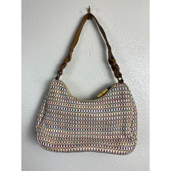 FOSSIL Jacquard Brown Textile Hobo Crescent Leather Shoulder Ergo Hand Bag Multi - Picture 1 of 13